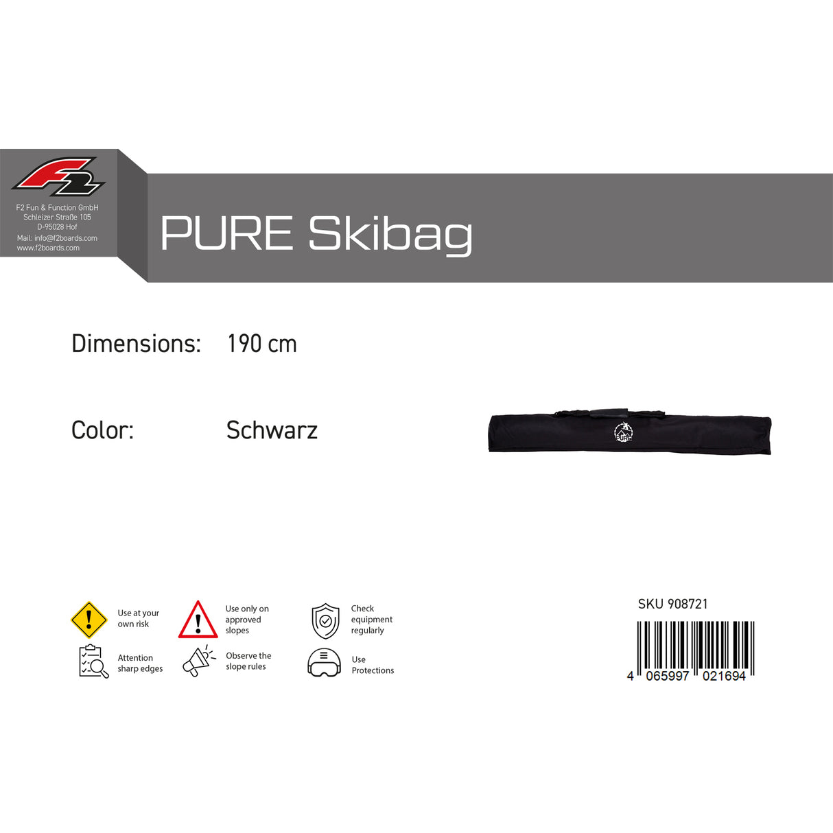 F2 Snowboard Tasche PURE Skibag 190 cm Schwarz 2024/25