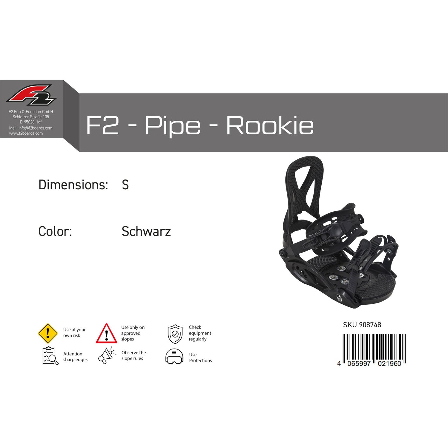 F2 Junior Snowboard Bindung F2 - Pipe - Rookie S-M Größe wählbar Schwarz 2024/25
