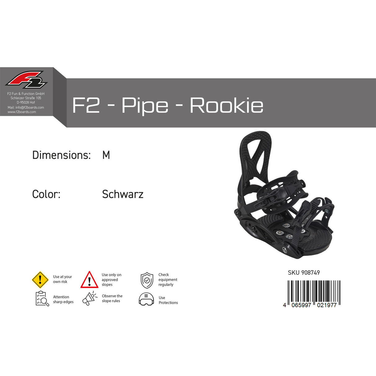 F2 Junior Snowboard Bindung F2 - Pipe - Rookie S-M Größe wählbar Schwarz 2024/25