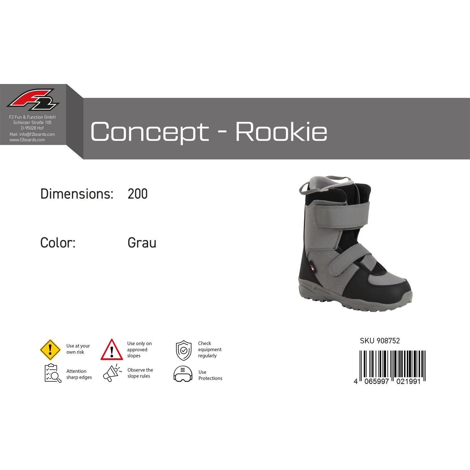 F2 Junior Snowboard Boots Concept - Rookie Gr. 31-37,5 Größe wählbar Grau