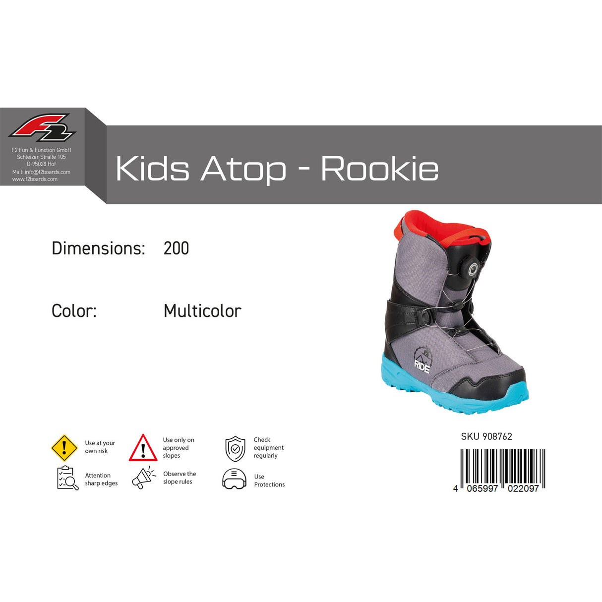 F2 Junior Snowboard Boots Kids Atop - Rookie Größe wählbar Multicolor 2024/25