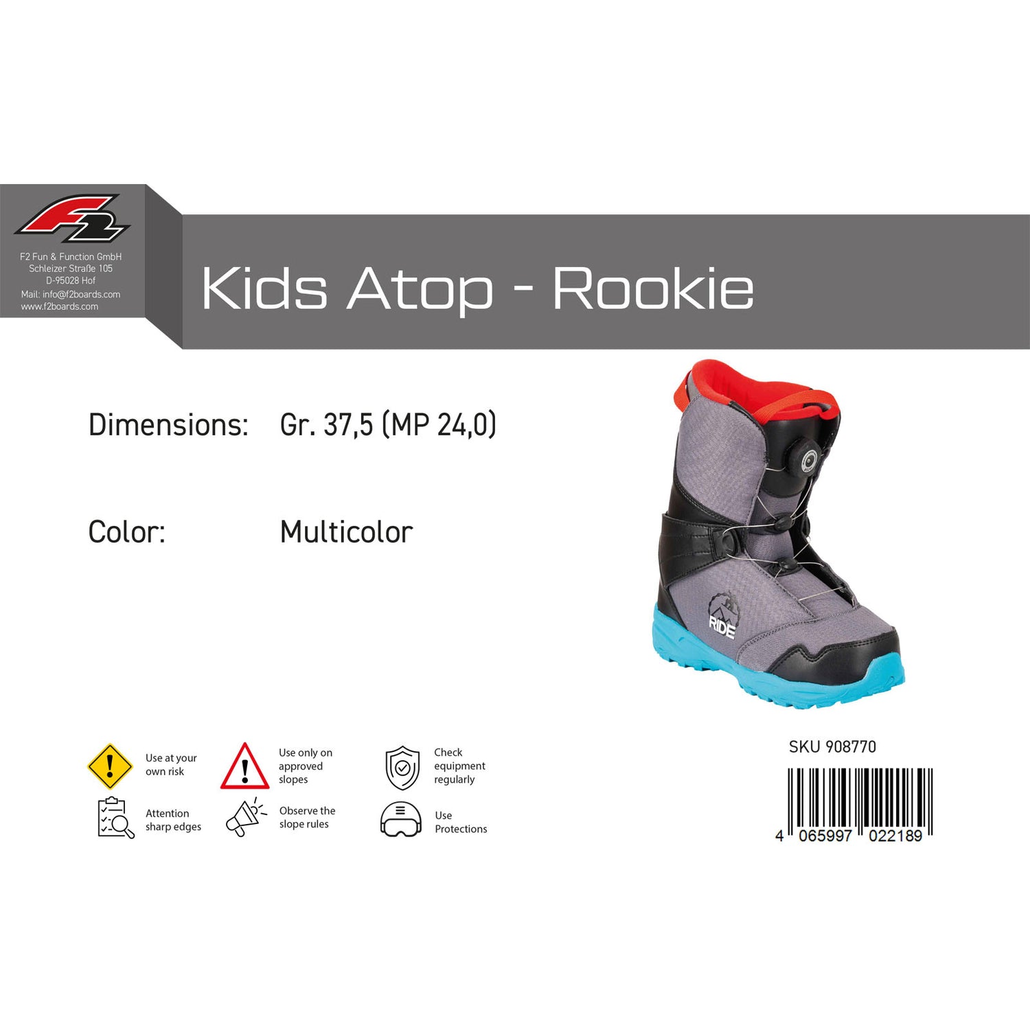 F2 Junior Snowboard Boots Kids Atop - Rookie Größe wählbar Multicolor 2024/25