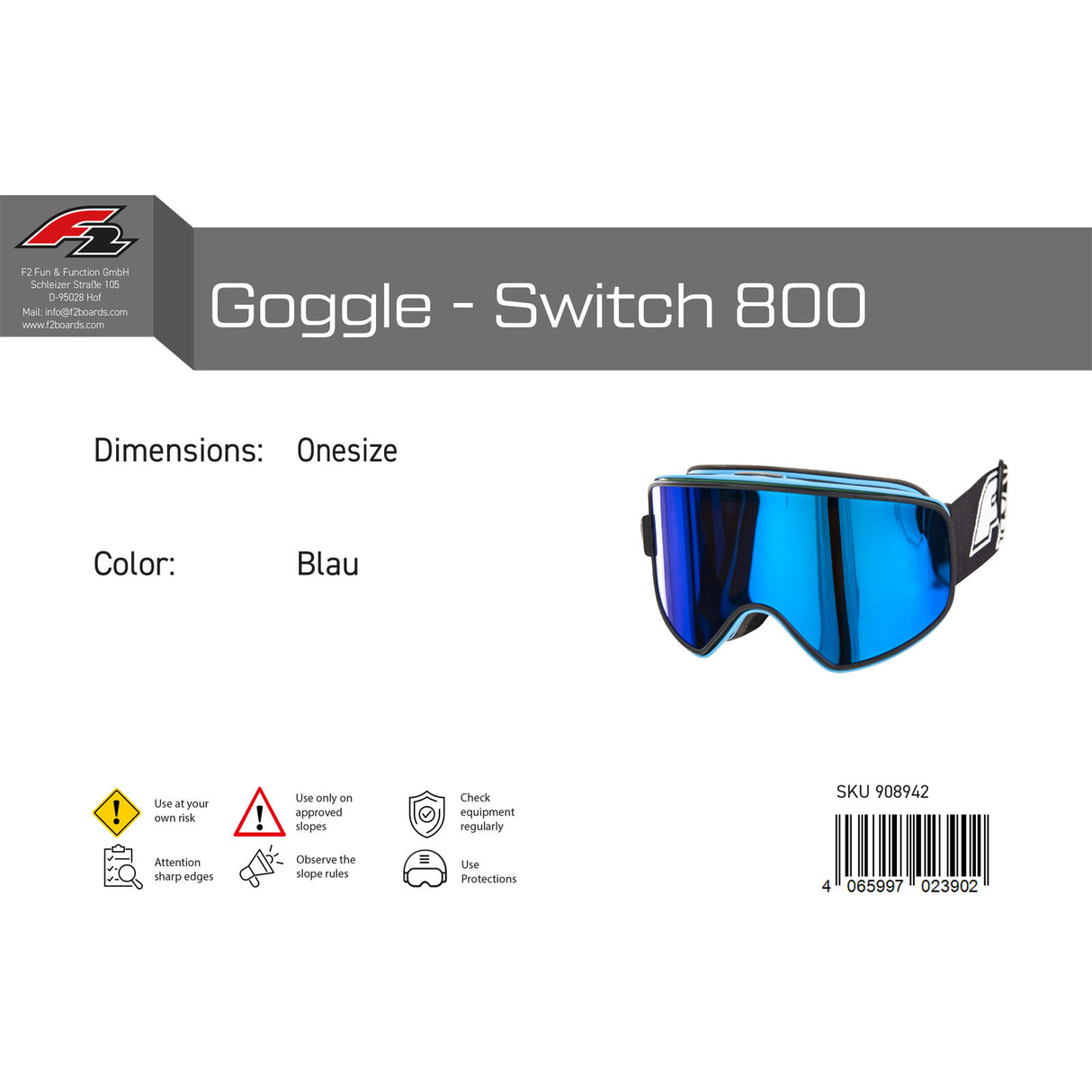 F2 Snowboard Brille Goggle - Switch 800 Onesize Farbe wählbar 2024/25