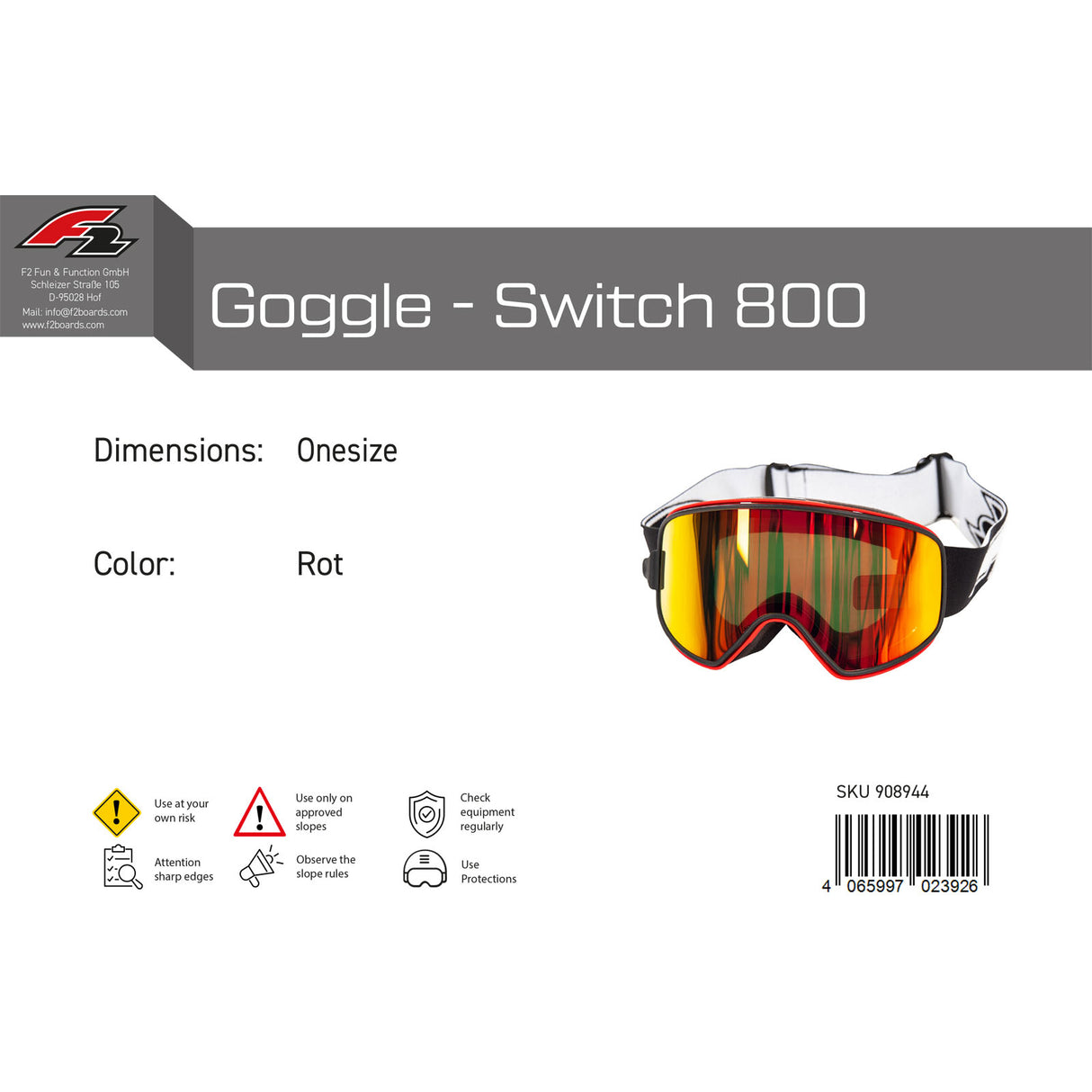 F2 Snowboard Brille Goggle - Switch 800 Onesize Farbe wählbar 2024/25