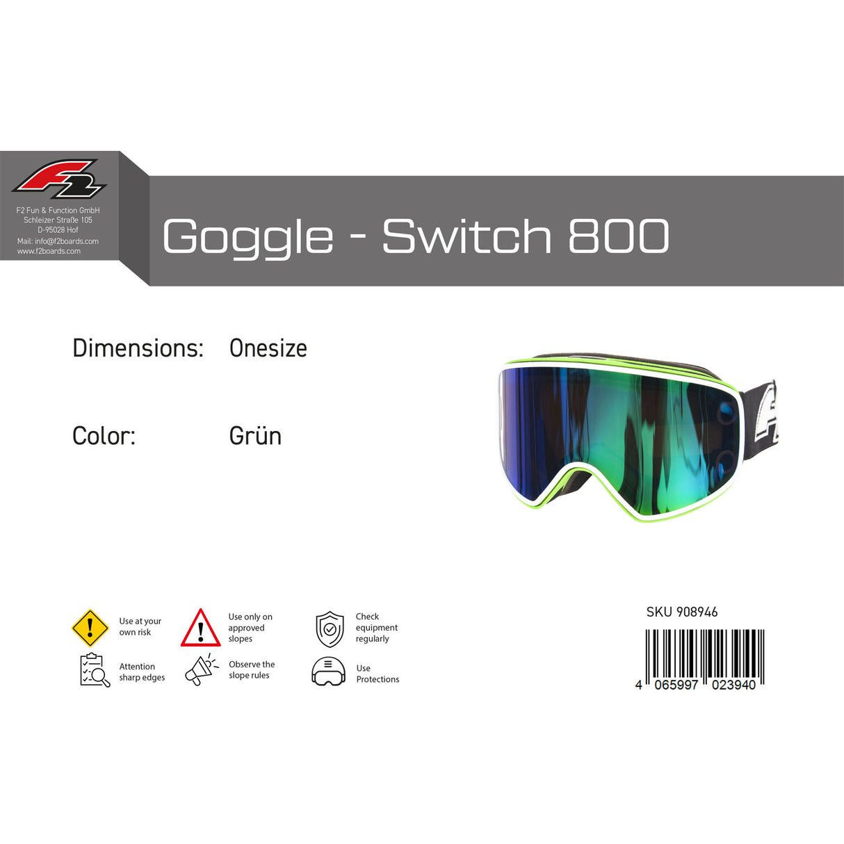F2 Snowboard Brille Goggle - Switch 800 Onesize Farbe wählbar 2024/25