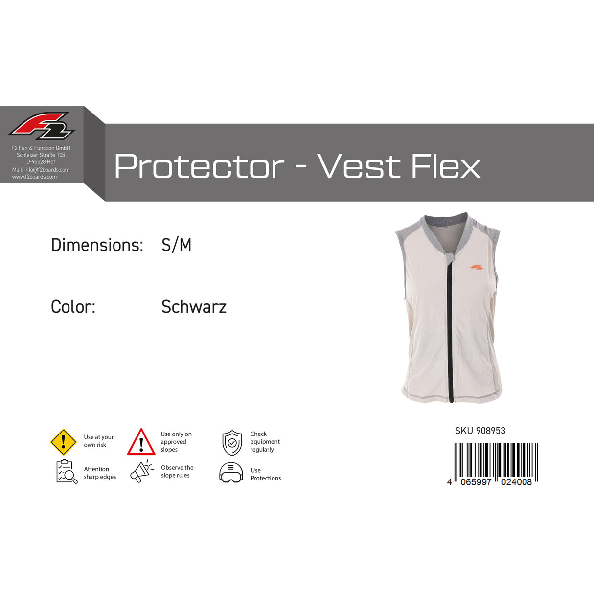 F2 Herren Snowboard Weste Protector-Vest Flex S-XL Größe wählbar Schwarz 2024/25