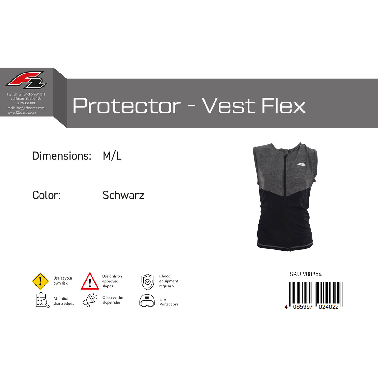 F2 Herren Snowboard Weste Protector-Vest Flex S-XL Größe wählbar Schwarz 2024/25