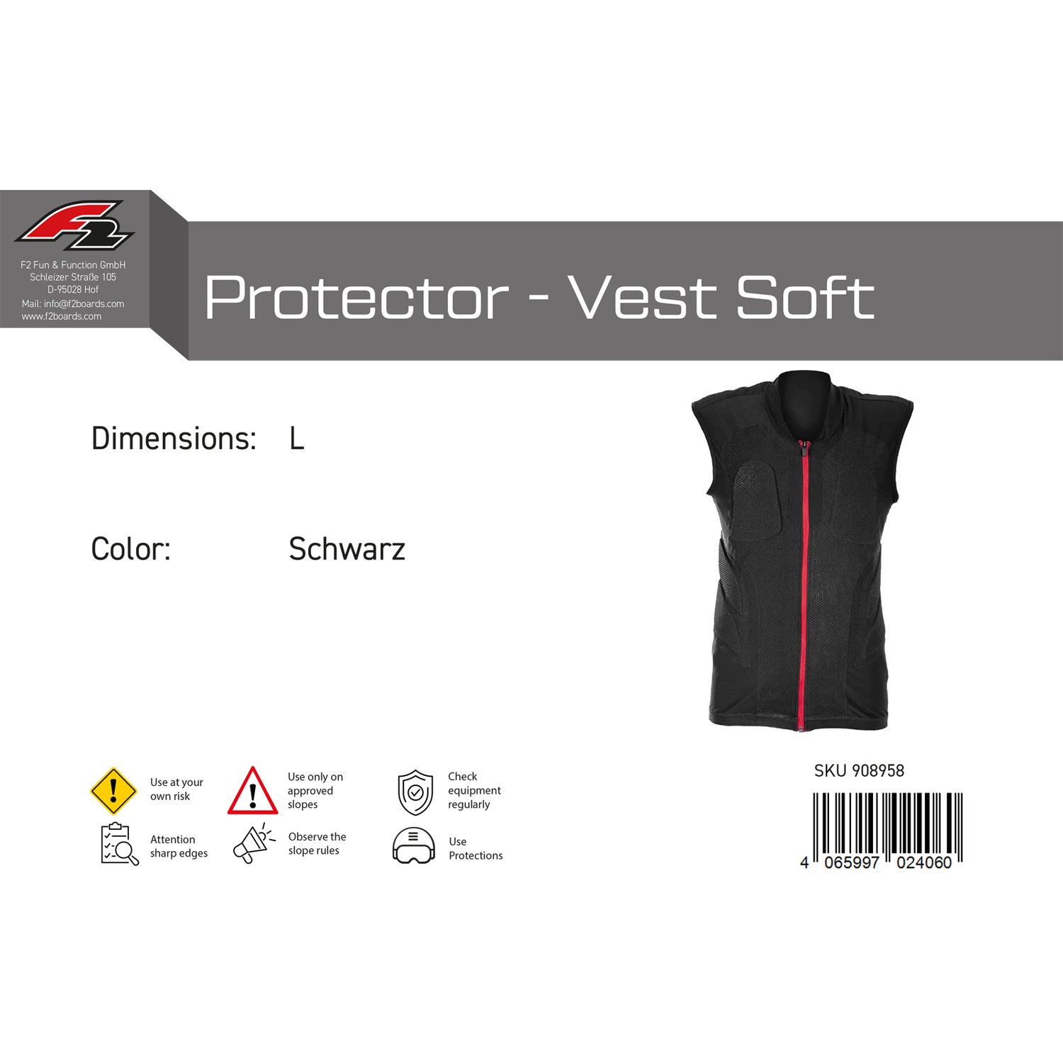 F2 Snowboard Weste Protector - Vest Soft S-XL Größe wählbar Schwarz 2024/25