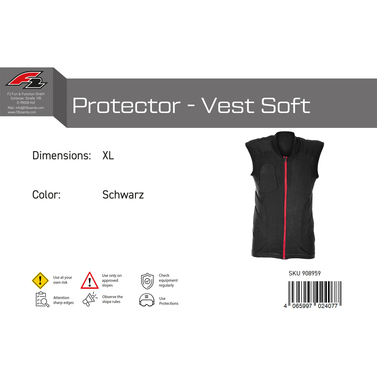 F2 Snowboard Weste Protector - Vest Soft S-XL Größe wählbar Schwarz 2024/25