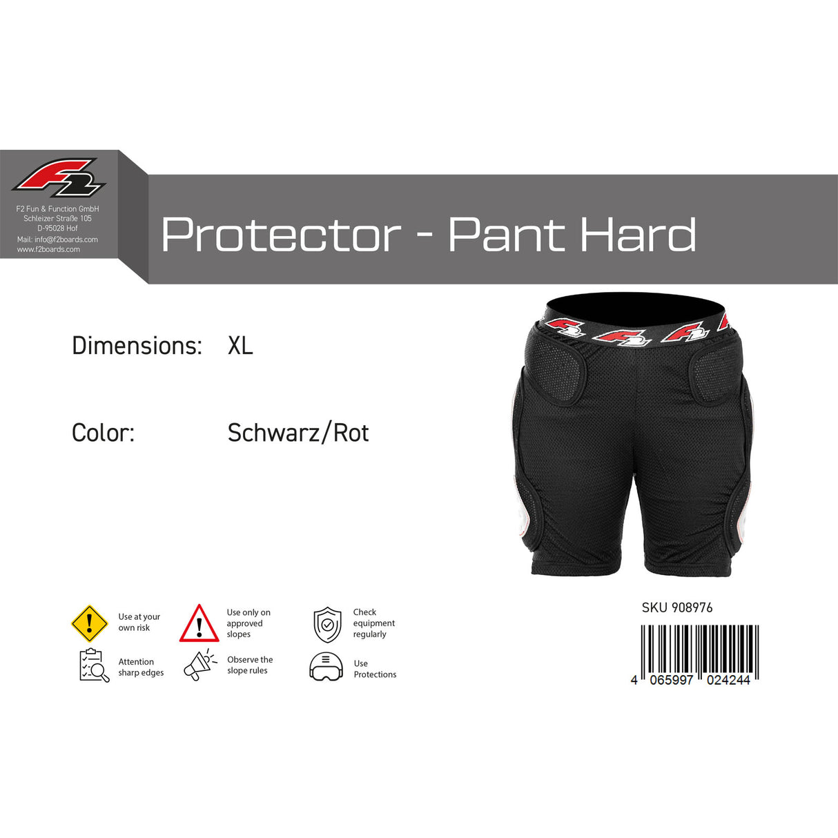 F2 Snowboard Hose Protector - Pant Hard S-XL Größe wählbar Schwarz/Rot 2024/25