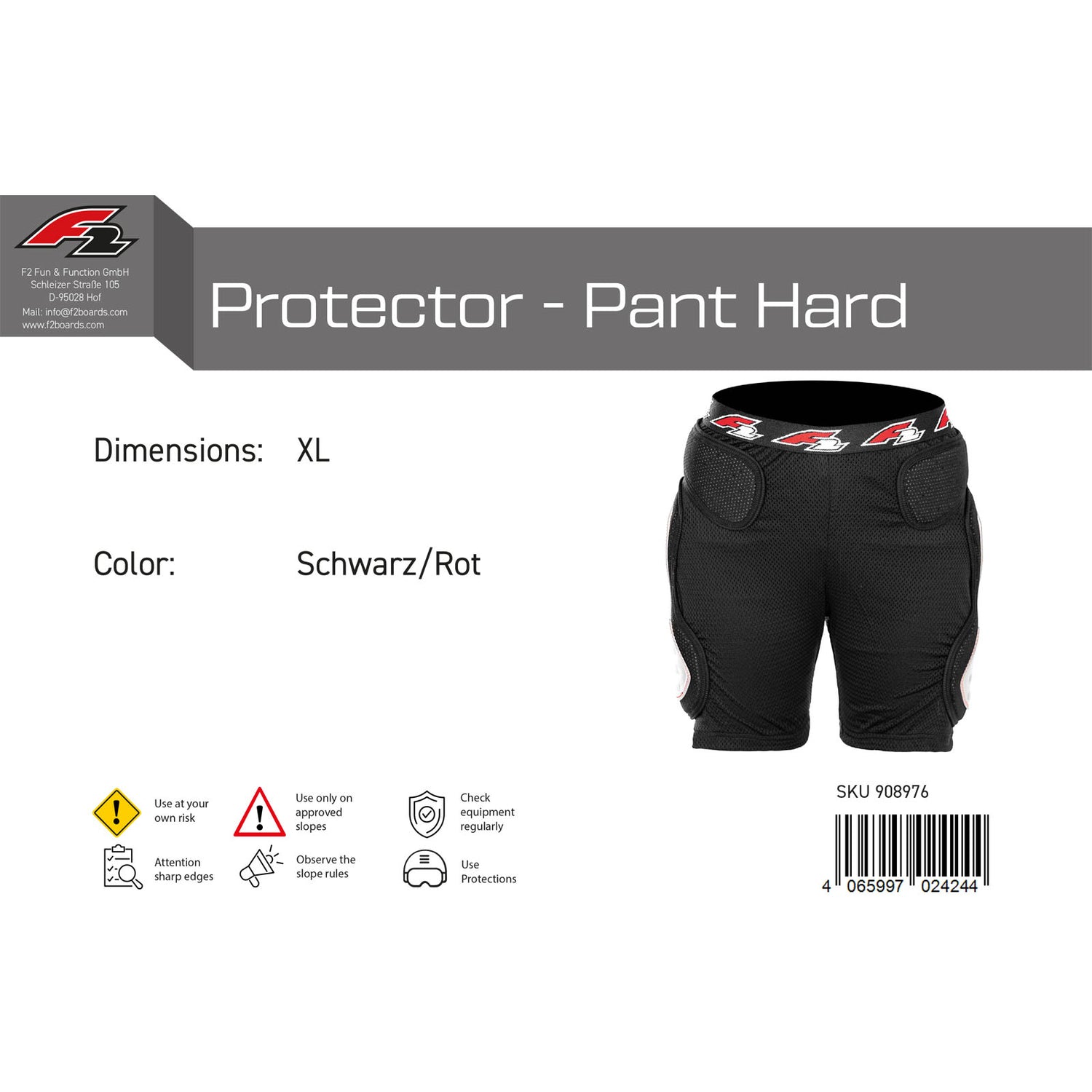 F2 Snowboard Hose Protector - Pant Hard S-XL Größe wählbar Schwarz/Rot 2024/25