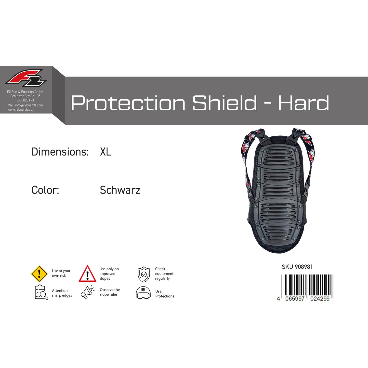 F2 Snowboard Rücken Protector Protection Shield - Hard Größe wählbar Schwarz