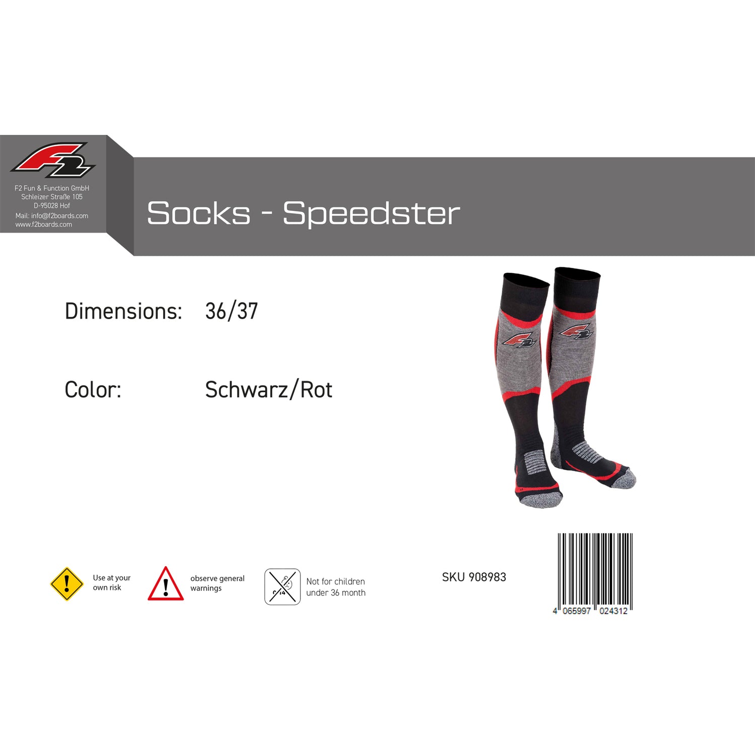 F2 Snowboard Strümpfe Socks - Speedster 34-47 Größe wählbar Schwarz/Rot 2024/25
