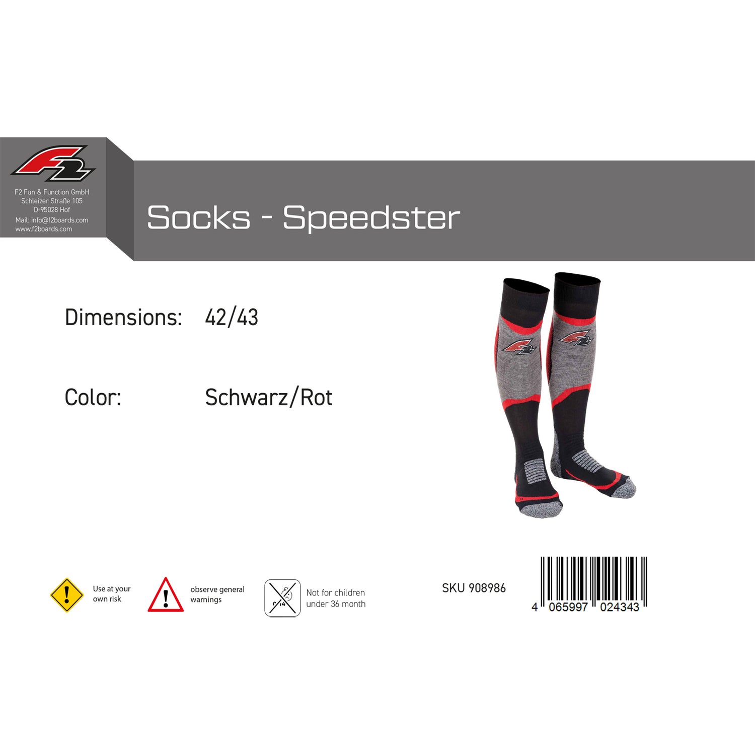 F2 Snowboard Strümpfe Socks - Speedster 34-47 Größe wählbar Schwarz/Rot 2024/25