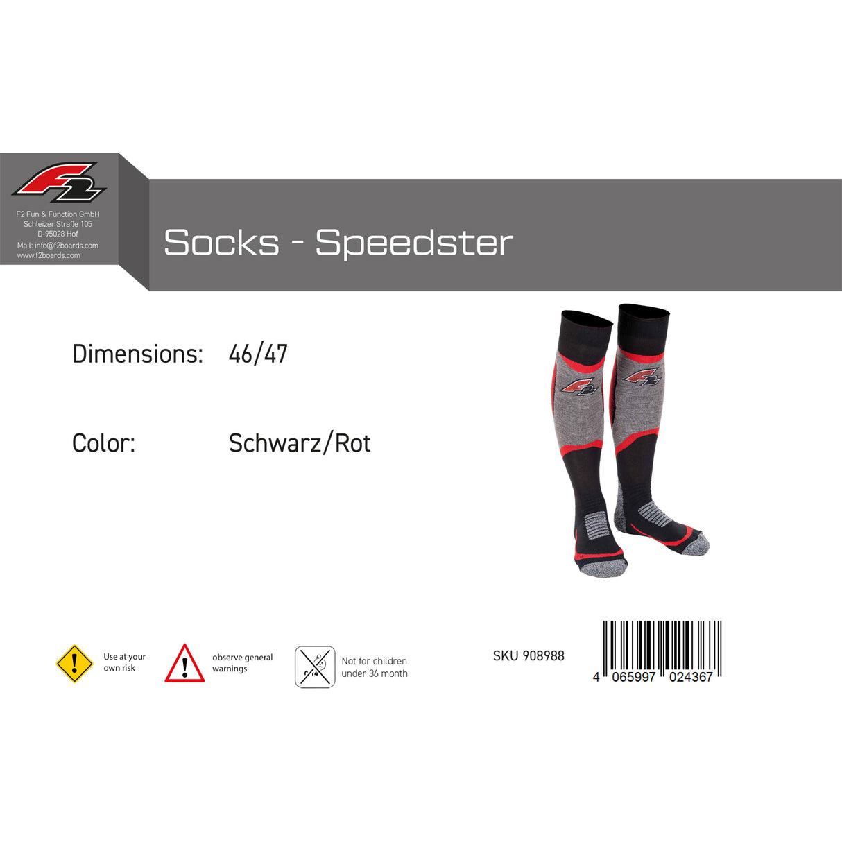 F2 Snowboard Strümpfe Socks - Speedster 34-47 Größe wählbar Schwarz/Rot 2024/25