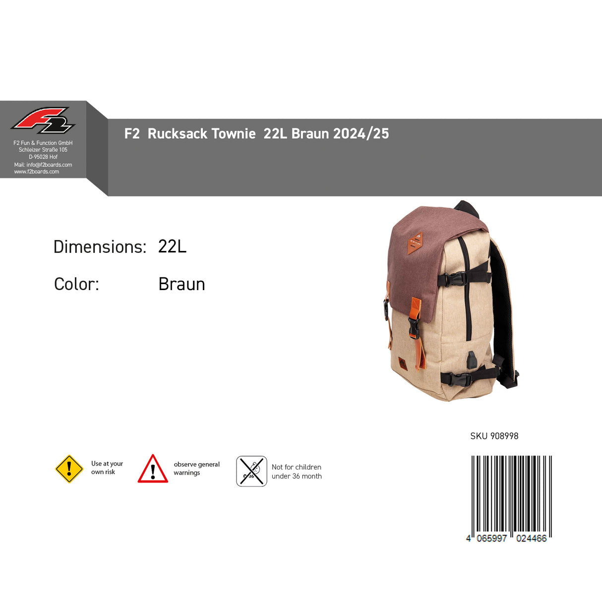F2 Rucksack Townie 22L Farbe wählbar 2024/25
