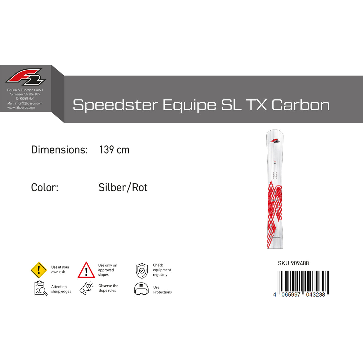 F2 Junior Snowboard Speedster Equipe SL TX Carbon Race Silber/Rot 2024/25