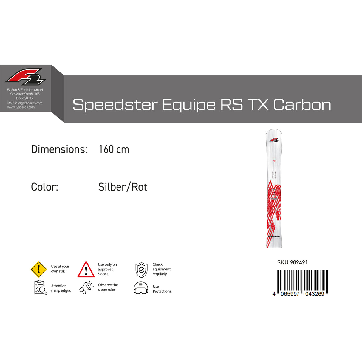 F2 Junior Snowboard Speedster Equipe RS TX Carbon Race Silber/Rot 2024/25