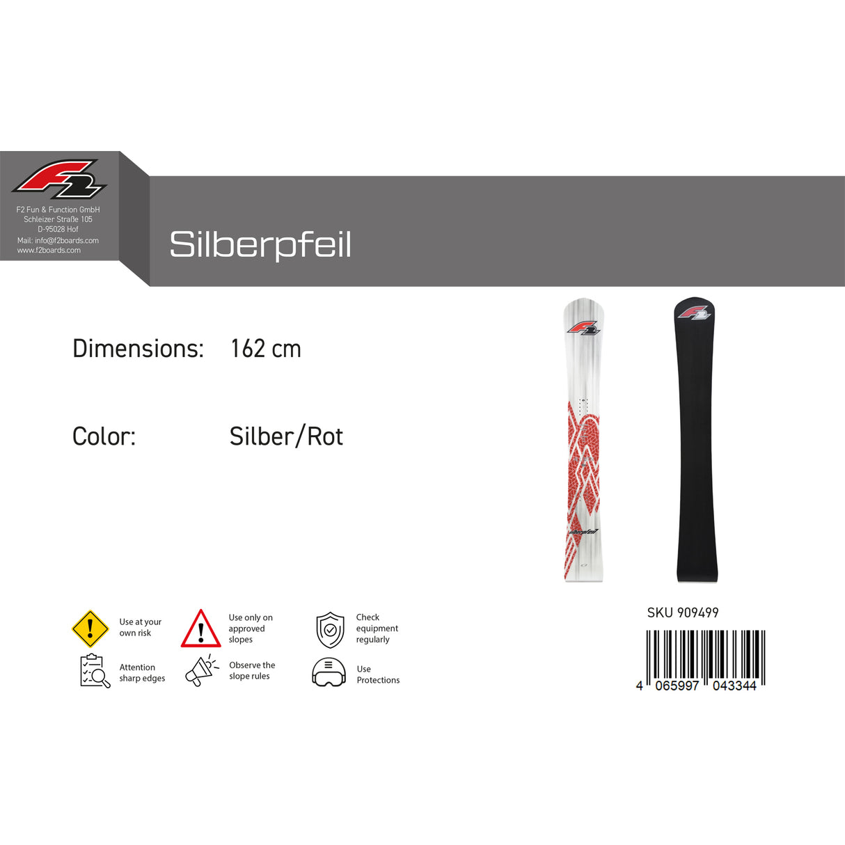 F2 Snowboard Silberpfeil Race Größe wählbar Silber/Rot 2024/25