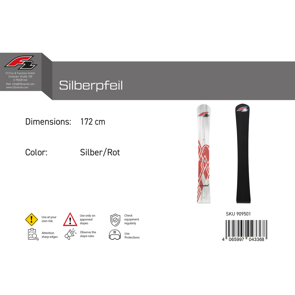 F2 Snowboard Silberpfeil Race Größe wählbar Silber/Rot 2024/25