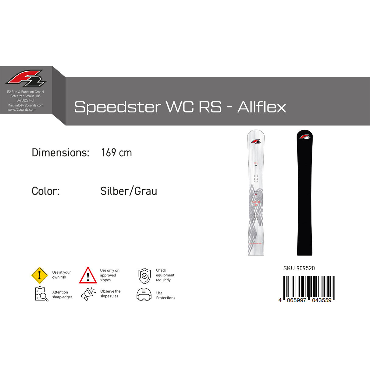 F2 Snowboard Speedster WC RS - Allflex Race Größe wählbar Silber/Grau 2024/25