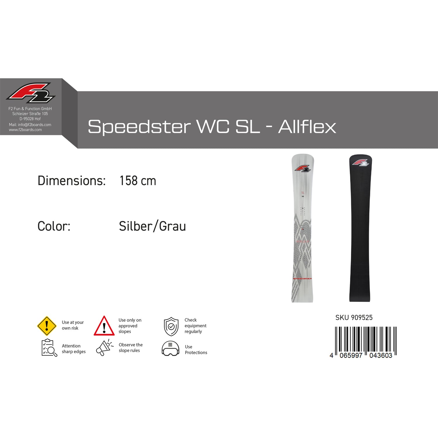 F2 Snowboard Speedster WC SL - Allflex Race Größe wählbar Silber/Grau 2024/25
