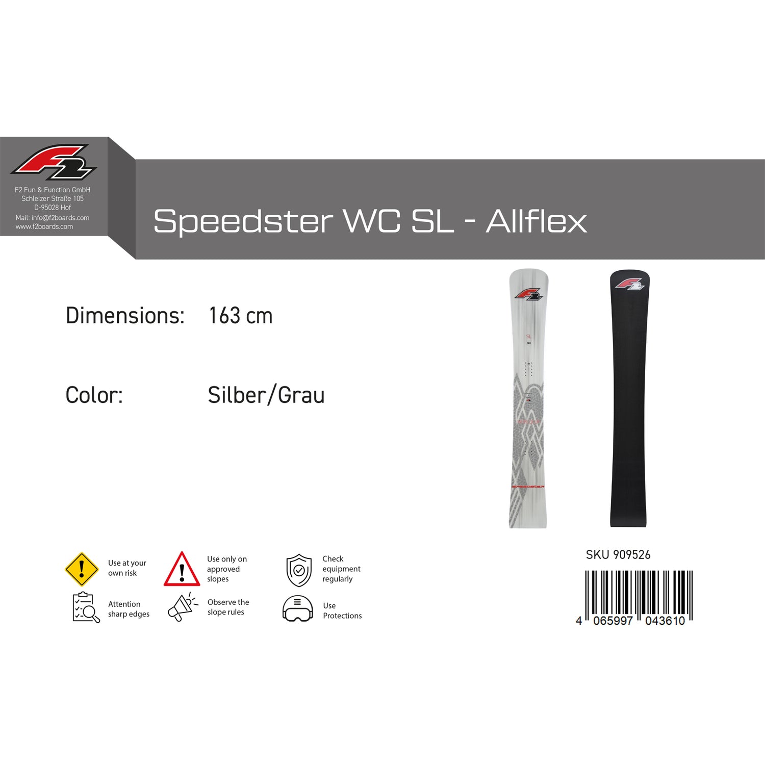 F2 Snowboard Speedster WC SL - Allflex Race Größe wählbar Silber/Grau 2024/25