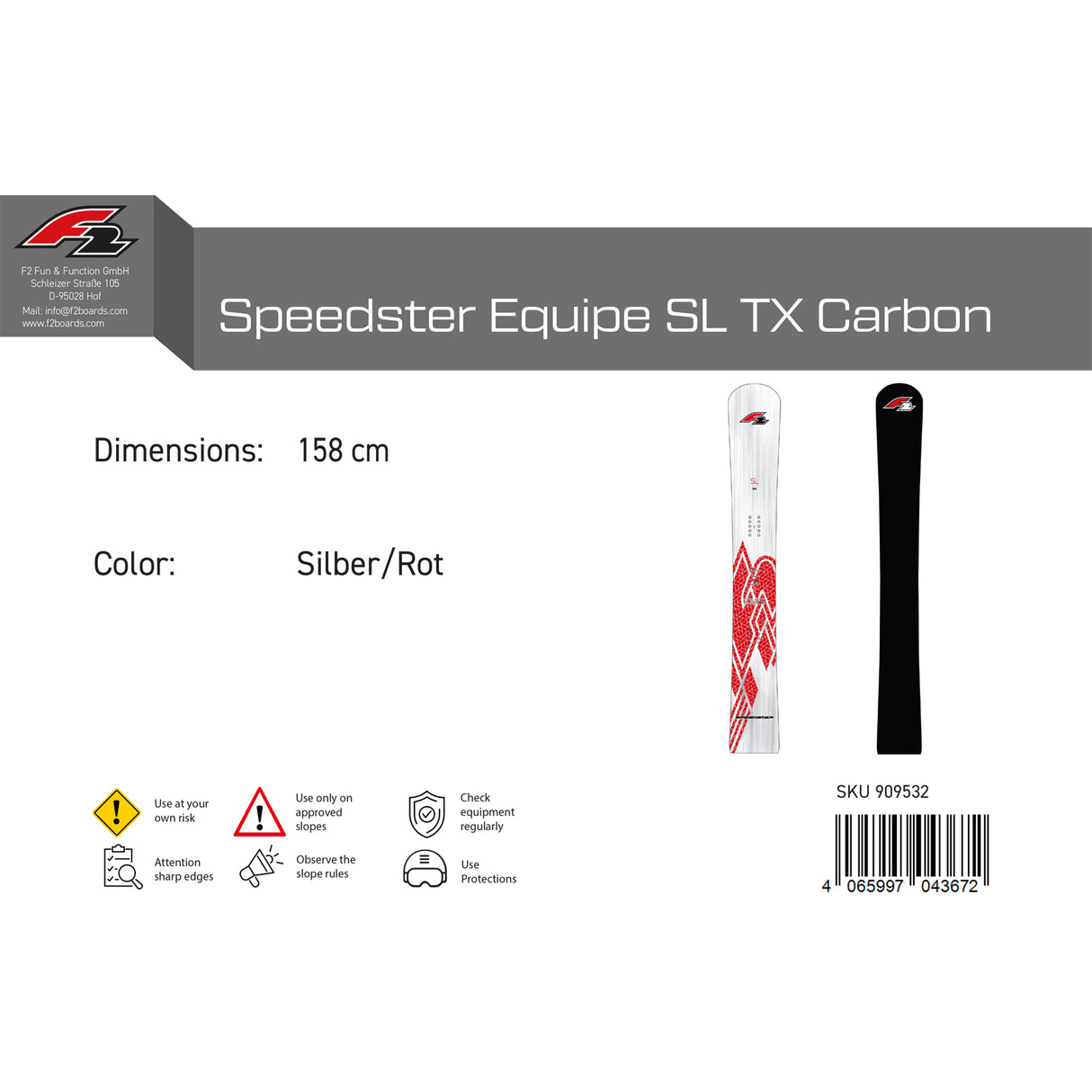 F2 Snowboard Speedster Equipe SL TX Carbon Race Größe wählbar Silber/Rot 2024/25