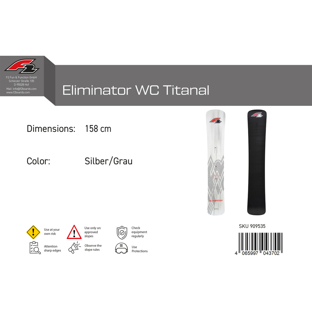 F2 Snowboard Eliminator WC Titanal Race Größe wählbar Silber/Grau 2024/25
