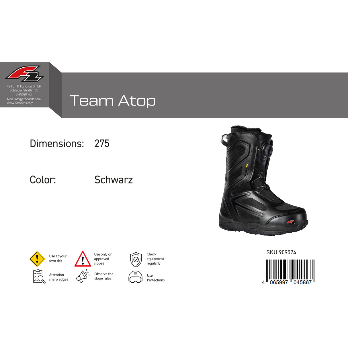 F2 Herren Snowboard Softboots Team Atop Gr. 39-49 Größe wählbar Schwarz 2024/25