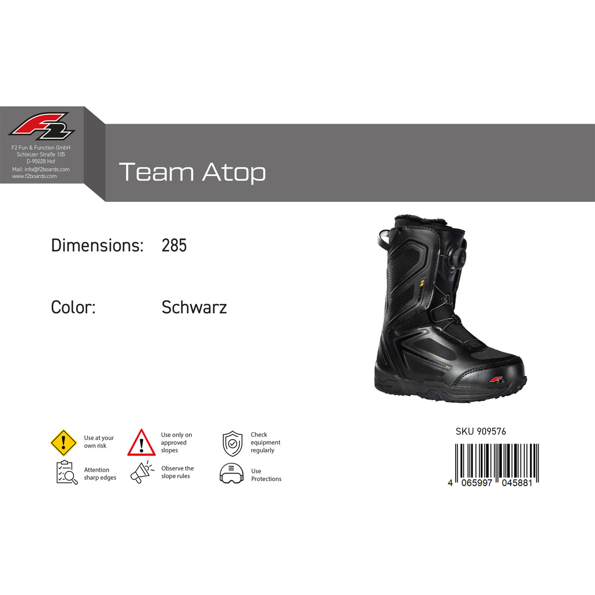 F2 Herren Snowboard Softboots Team Atop Gr. 39-49 Größe wählbar Schwarz 2024/25