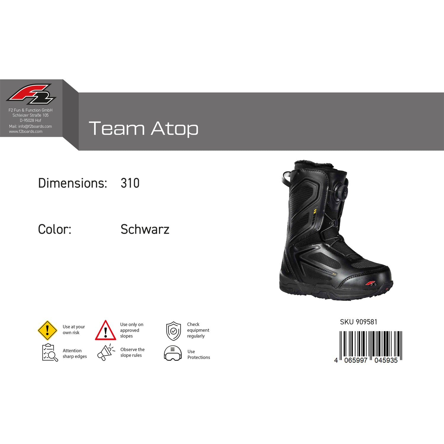 F2 Herren Snowboard Softboots Team Atop Gr. 39-49 Größe wählbar Schwarz 2024/25