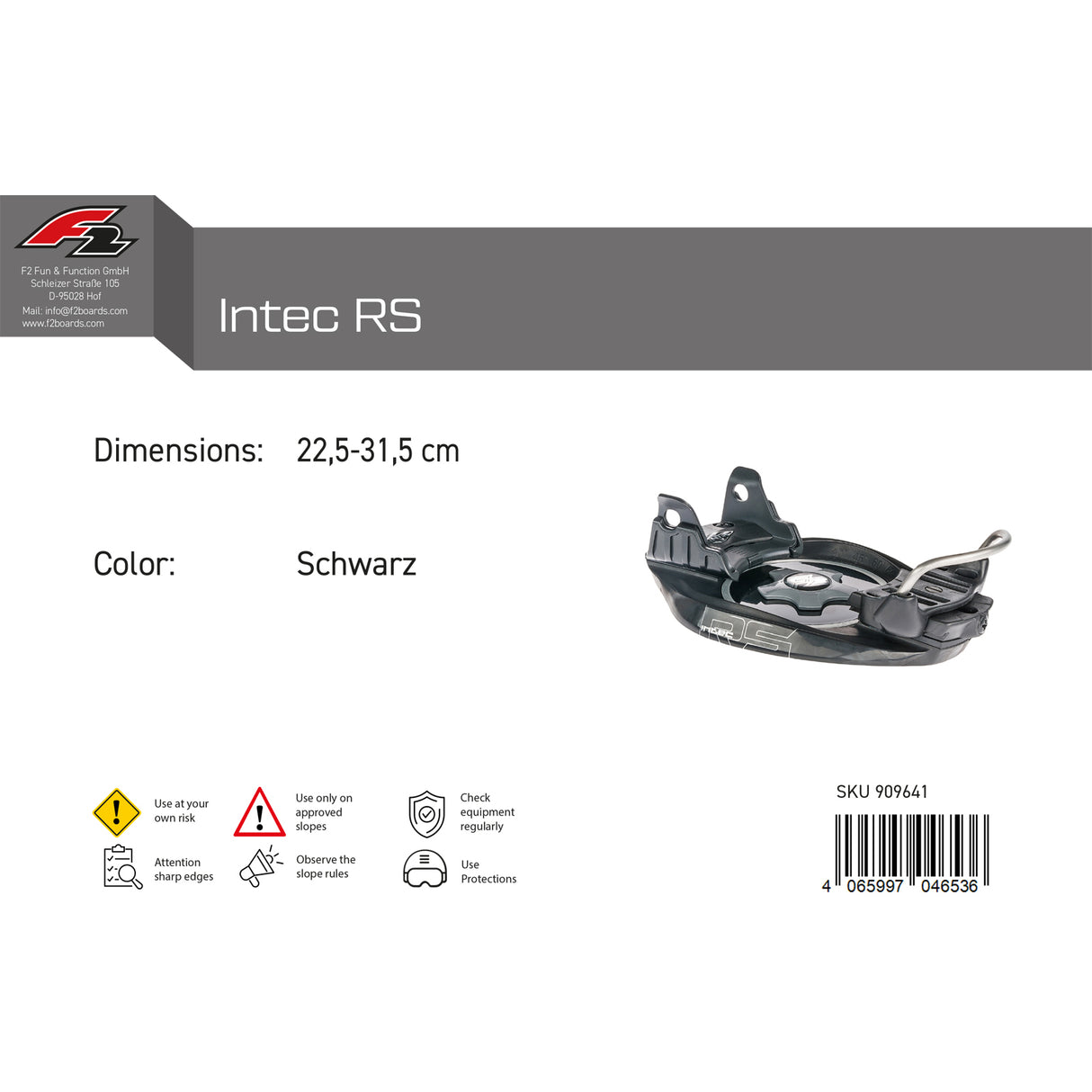 F2 Snowboard Plate Bindung Intec RS 22,5-31,5 cm Schwarz 2024/25