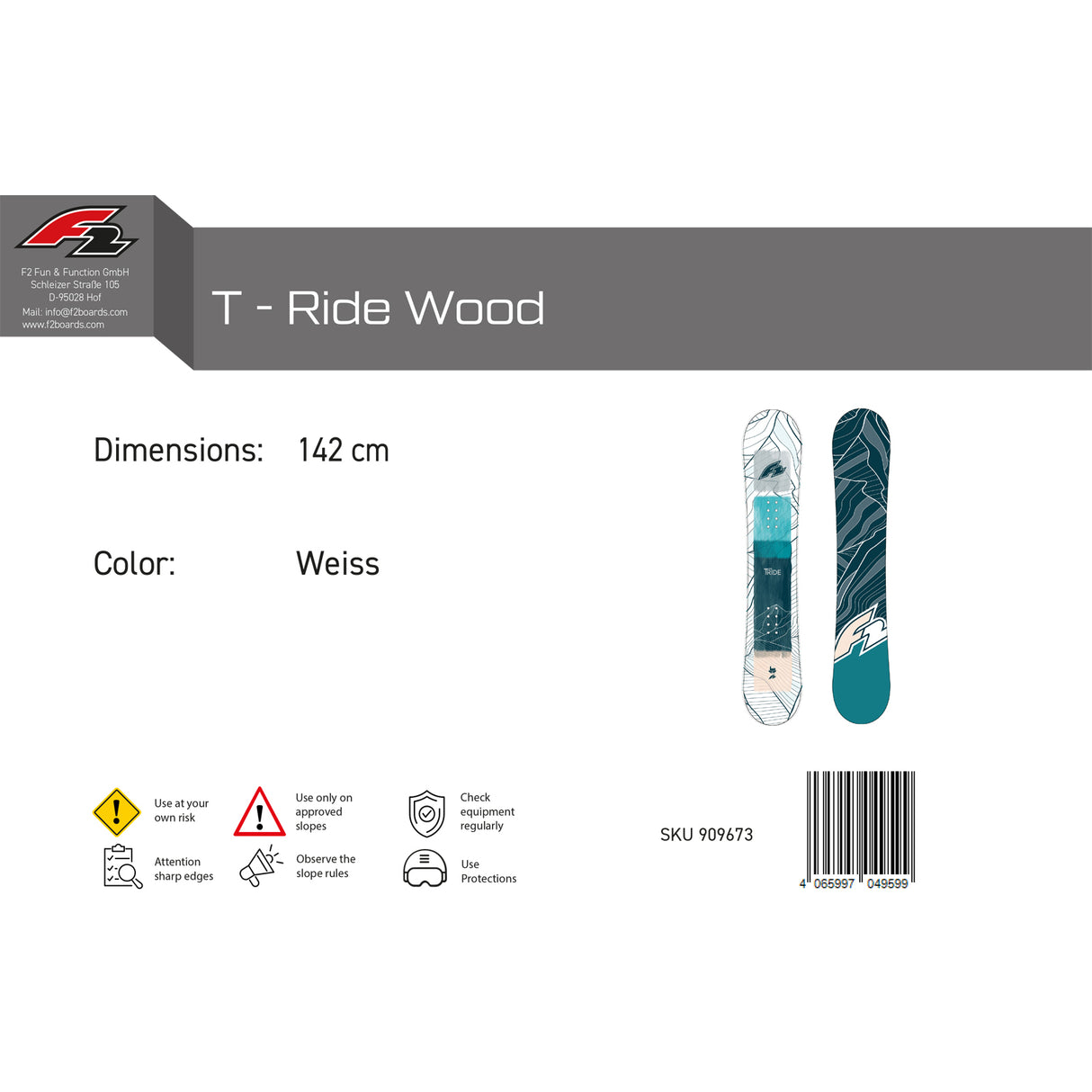 F2  Snowboard T - Ride Wood Freeride/Freestyle Größe wählbar Weiss 2025