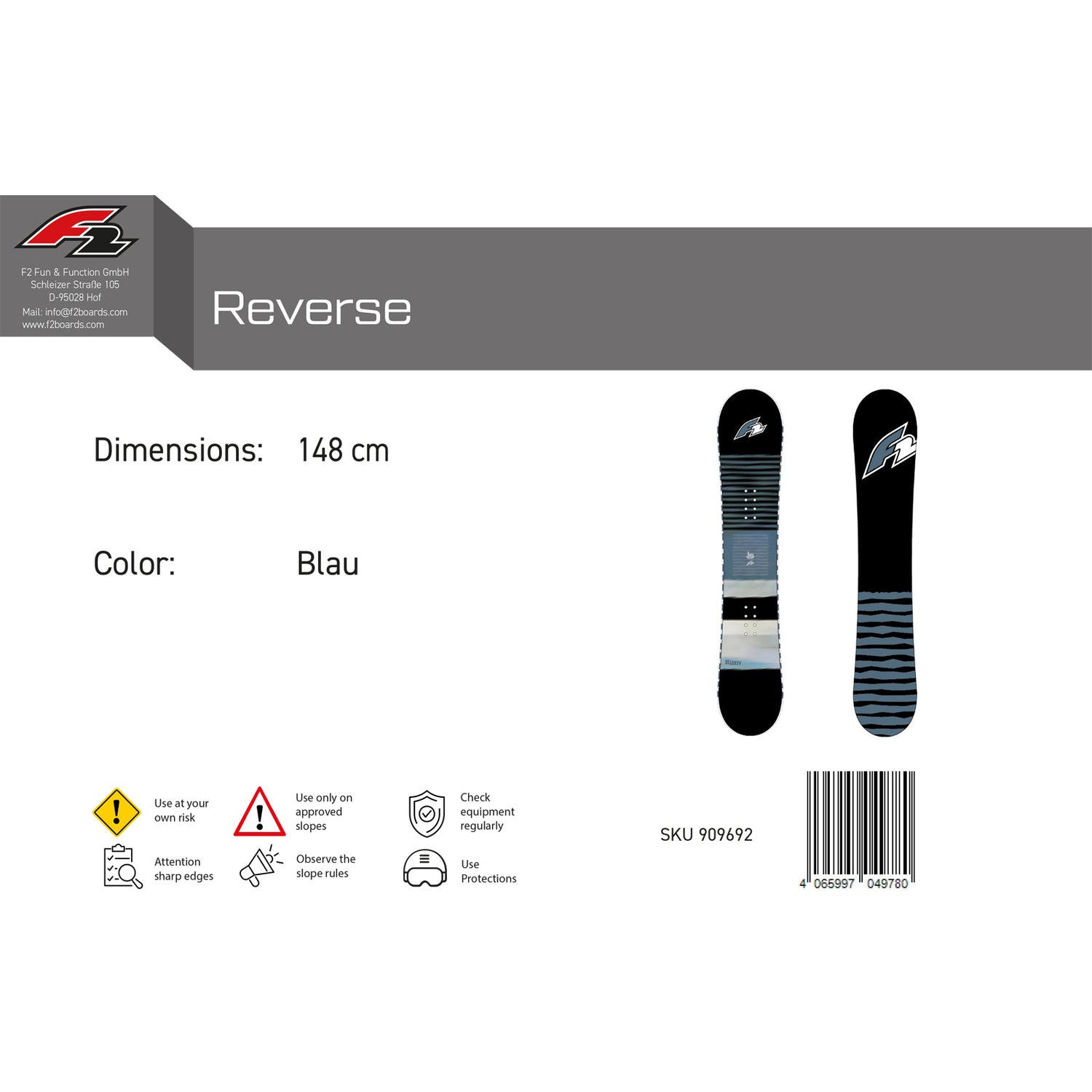 F2  Snowboard Reverse Freeride/Freestyle Größe wählbar Blau 2025