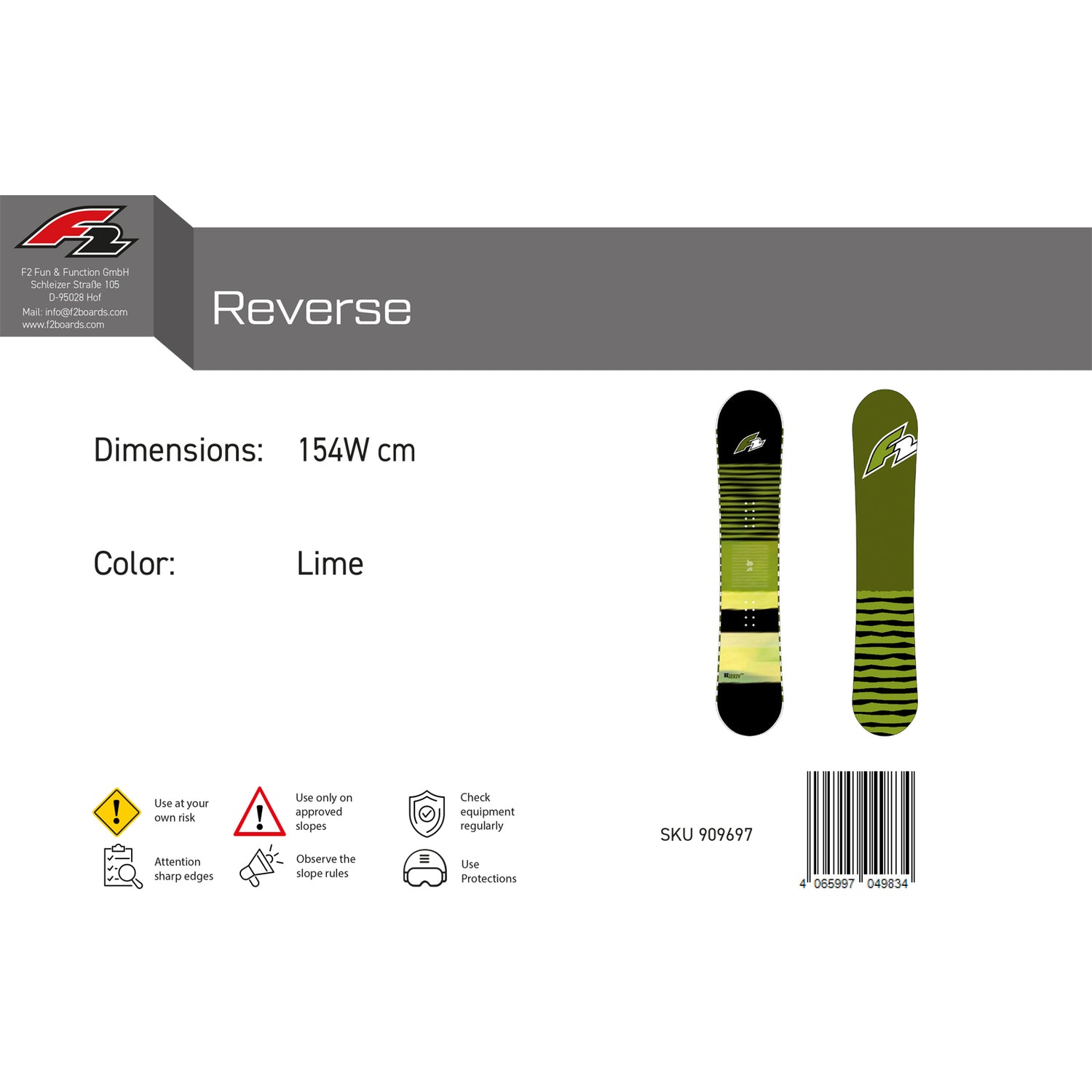 F2  Snowboard Reverse Freeride/Freestyle Größe wählbar Lime 2025