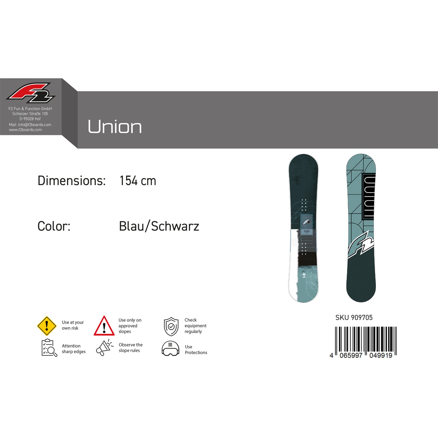 F2  Snowboard Union  Freeride/Freestyle Größe wählbar Aqua 2025
