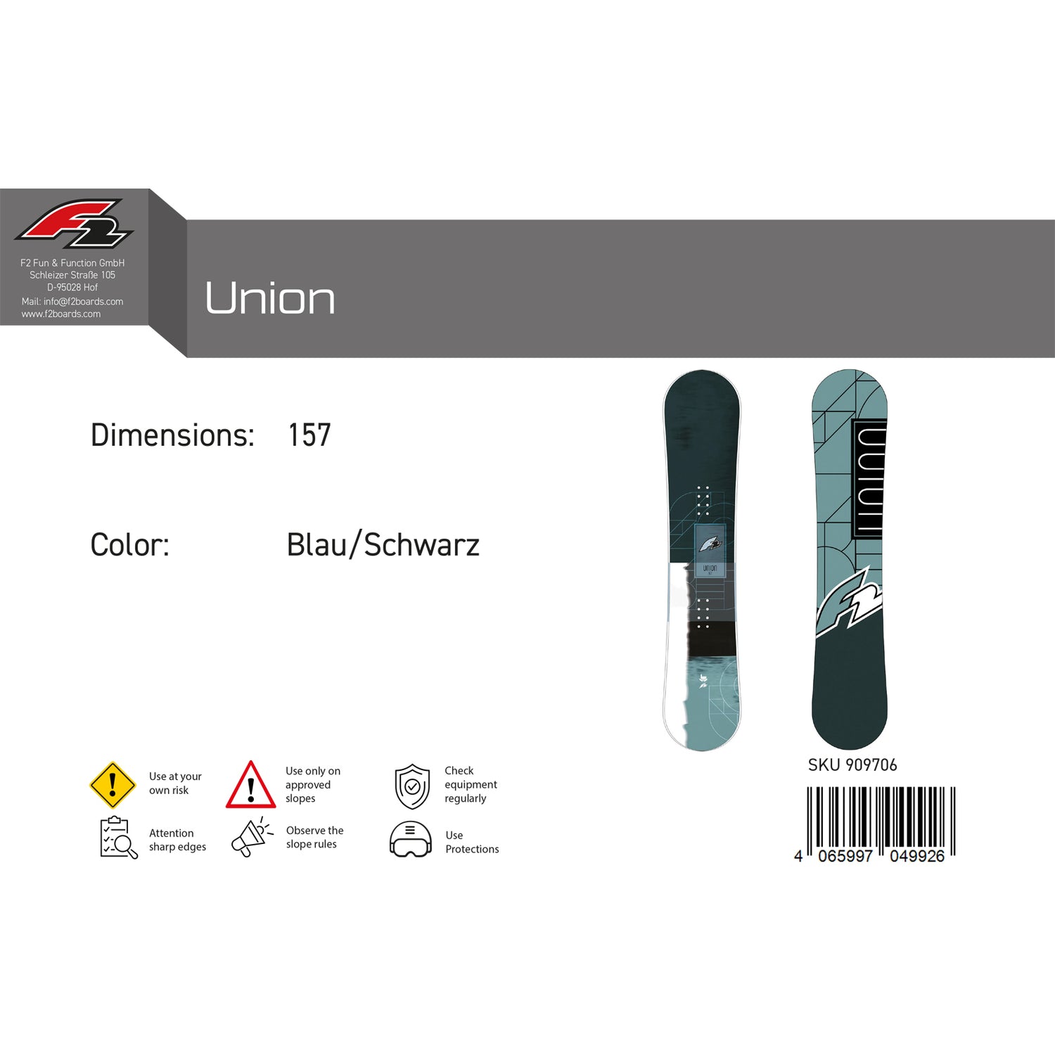 F2  Snowboard Union  Freeride/Freestyle Größe wählbar Aqua 2025