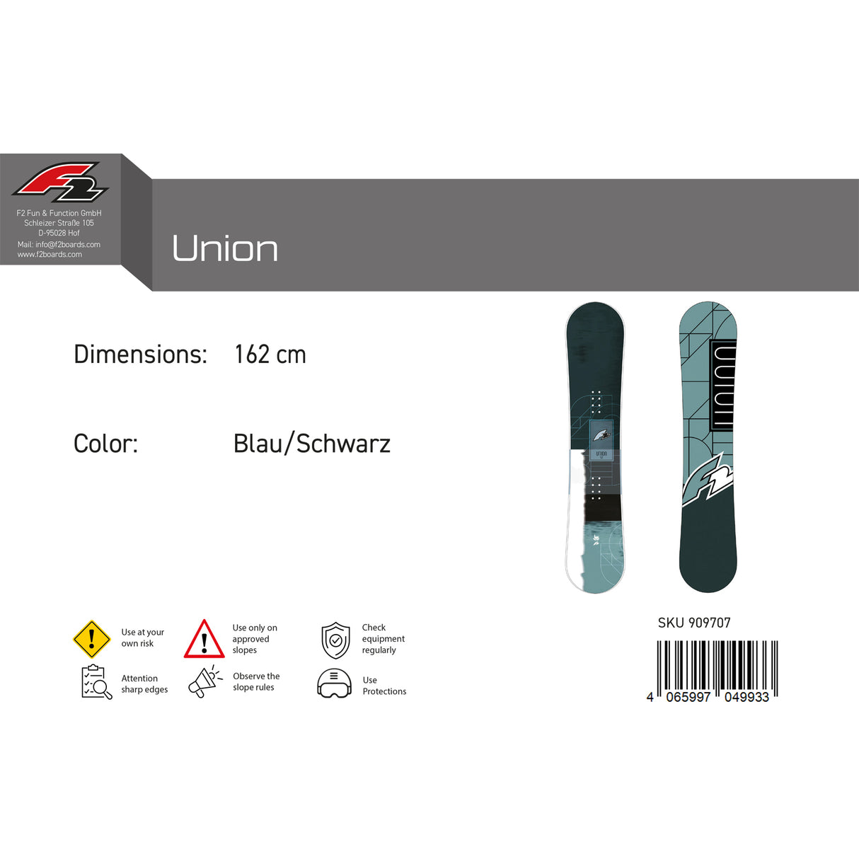 F2  Snowboard Union  Freeride/Freestyle Größe wählbar Aqua 2025