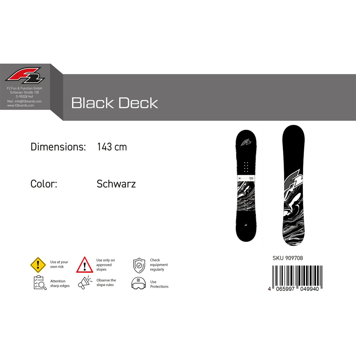 F2 Herren Snowboard Black Deck Freestyle Größe wählbar Schwarz 2024/25