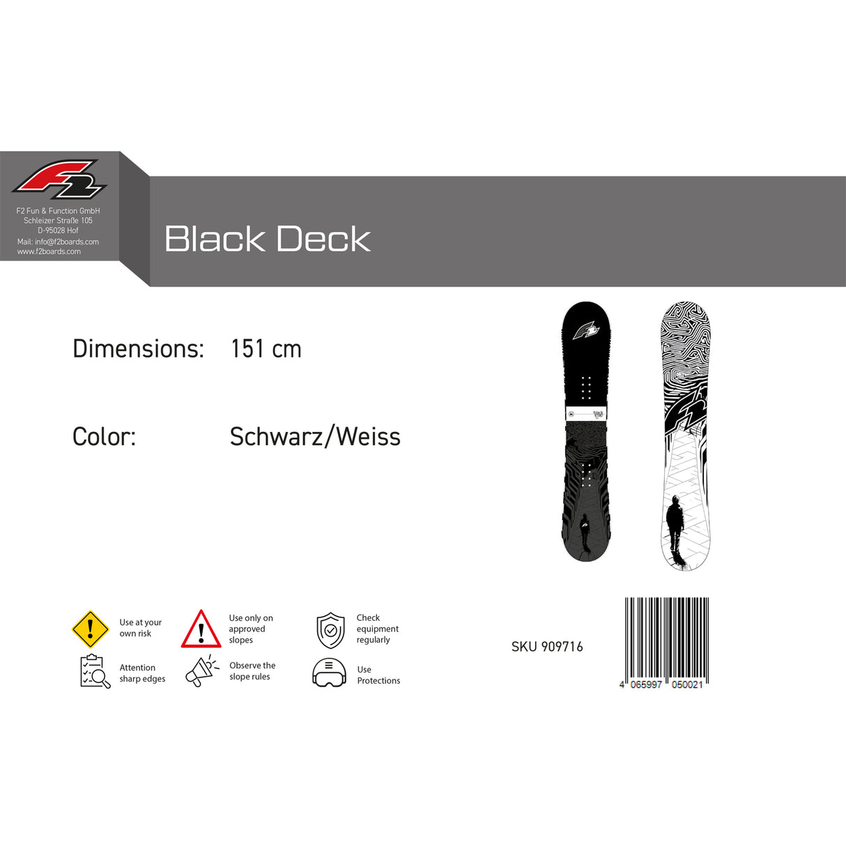 F2 Snowboard Black Deck Freeride/Freestyle Größe wählbar Schwarz 2025
