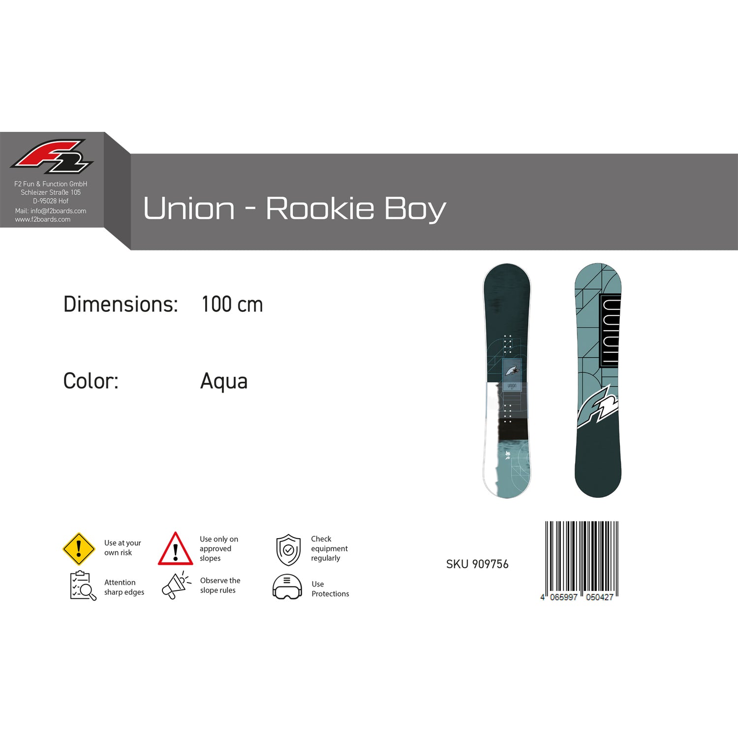 F2 Junior Snowboard Union Rookie Boy Freeride/Freestyle Größe wählbar Aqua 2025