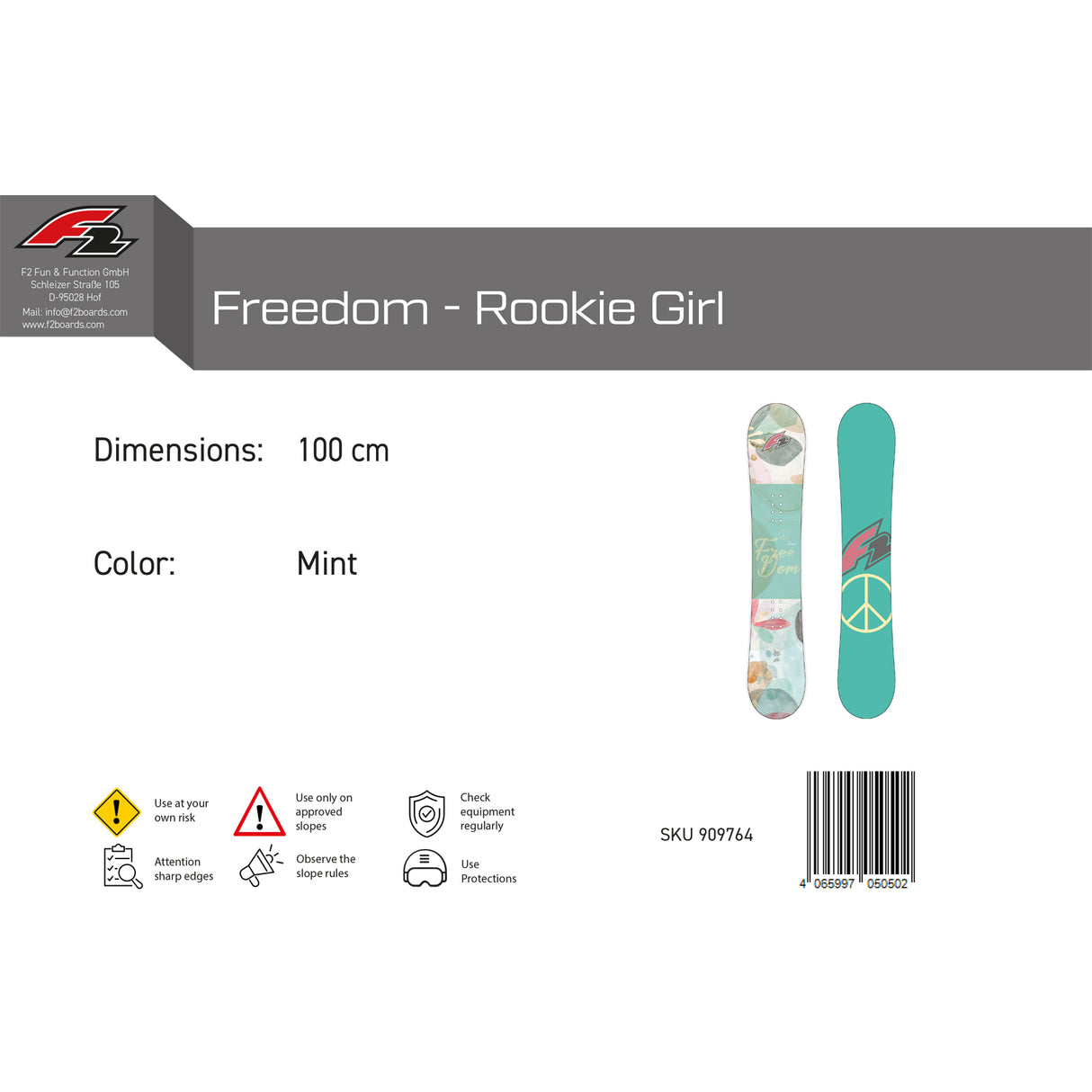 F2 Junior Snowboard Freedom Rookie Girl Freeride Größe wählbar Mint 2025