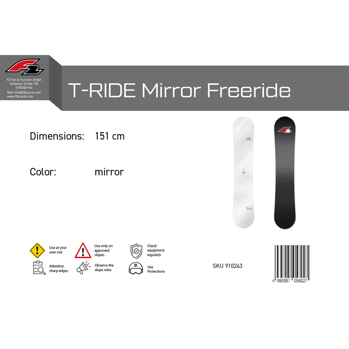 F2 Snowboard T-Ride Mirror Freeride/Freestyle Weiss - Größe wählbar
