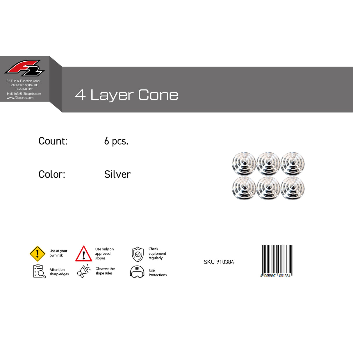F2 Snowboard Pads 4 Layer Cone 6 Stück/Set One Size Silber