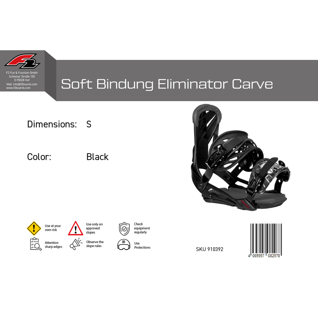 F2 Snowboard Soft Bindung Eliminator Carve Schwarz - Größe wählbar