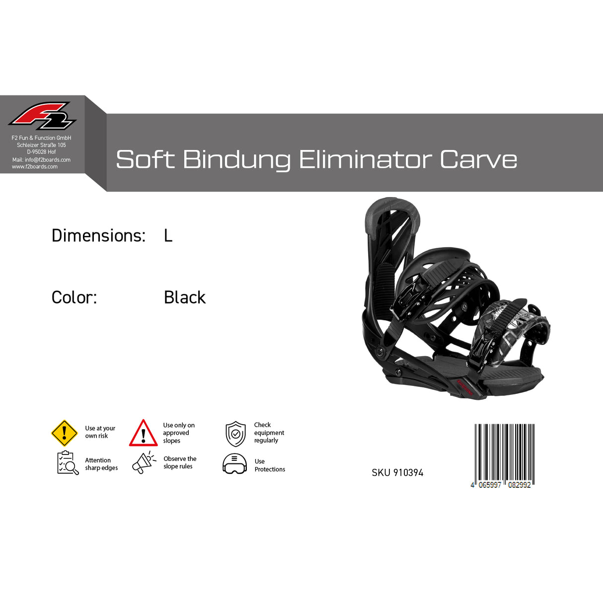 F2 Snowboard Soft Bindung Eliminator Carve Schwarz - Größe wählbar