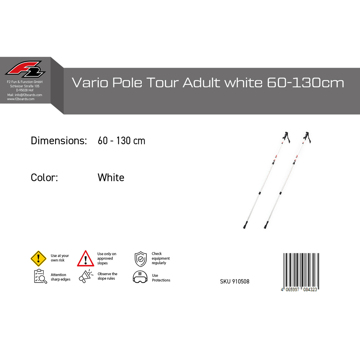 F2 Langlauf Ski Stöcke Vario Pole Tour Verstellbar 60-130cm Weiss
