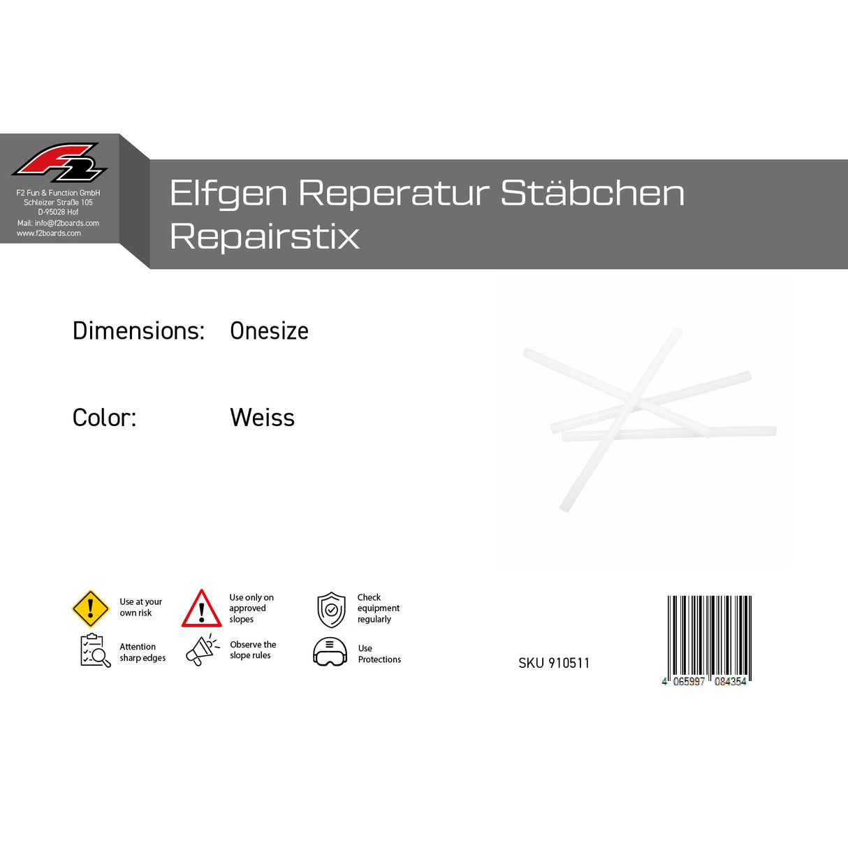 F2 Snowboard Zubehör Elfgen Reparatur Stäbchen Repairstix One Size Weiss