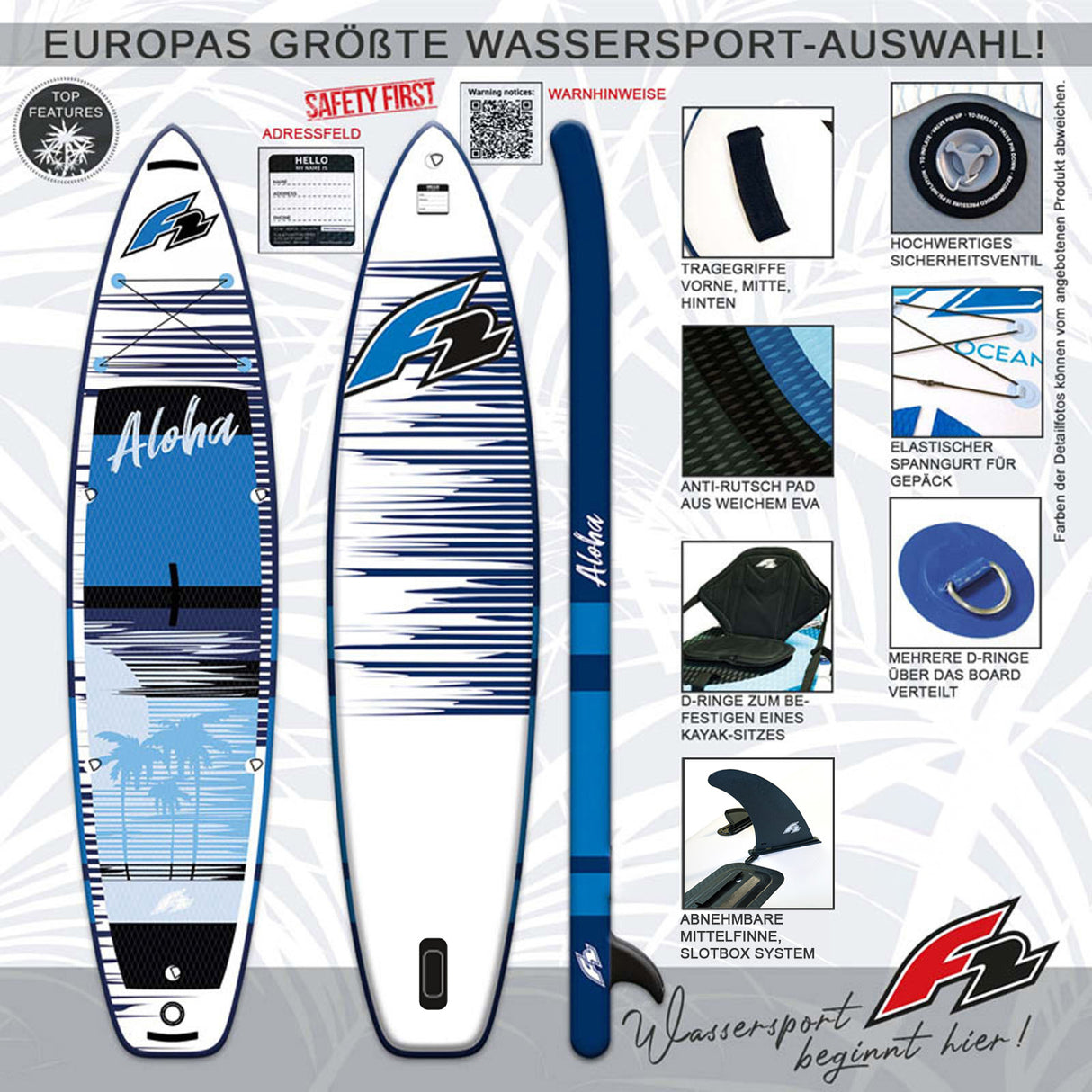 F2 SUP Stand Up Paddle Board Aloha 10'5''/11'4"/12'2" Größe wählbar Blau